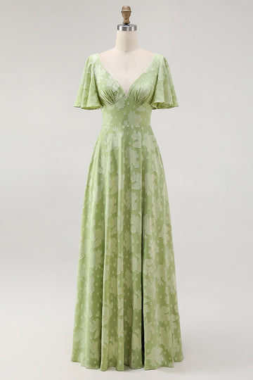 Sage Green Floral A Line Long Bridesmaid Dress with Sleeves